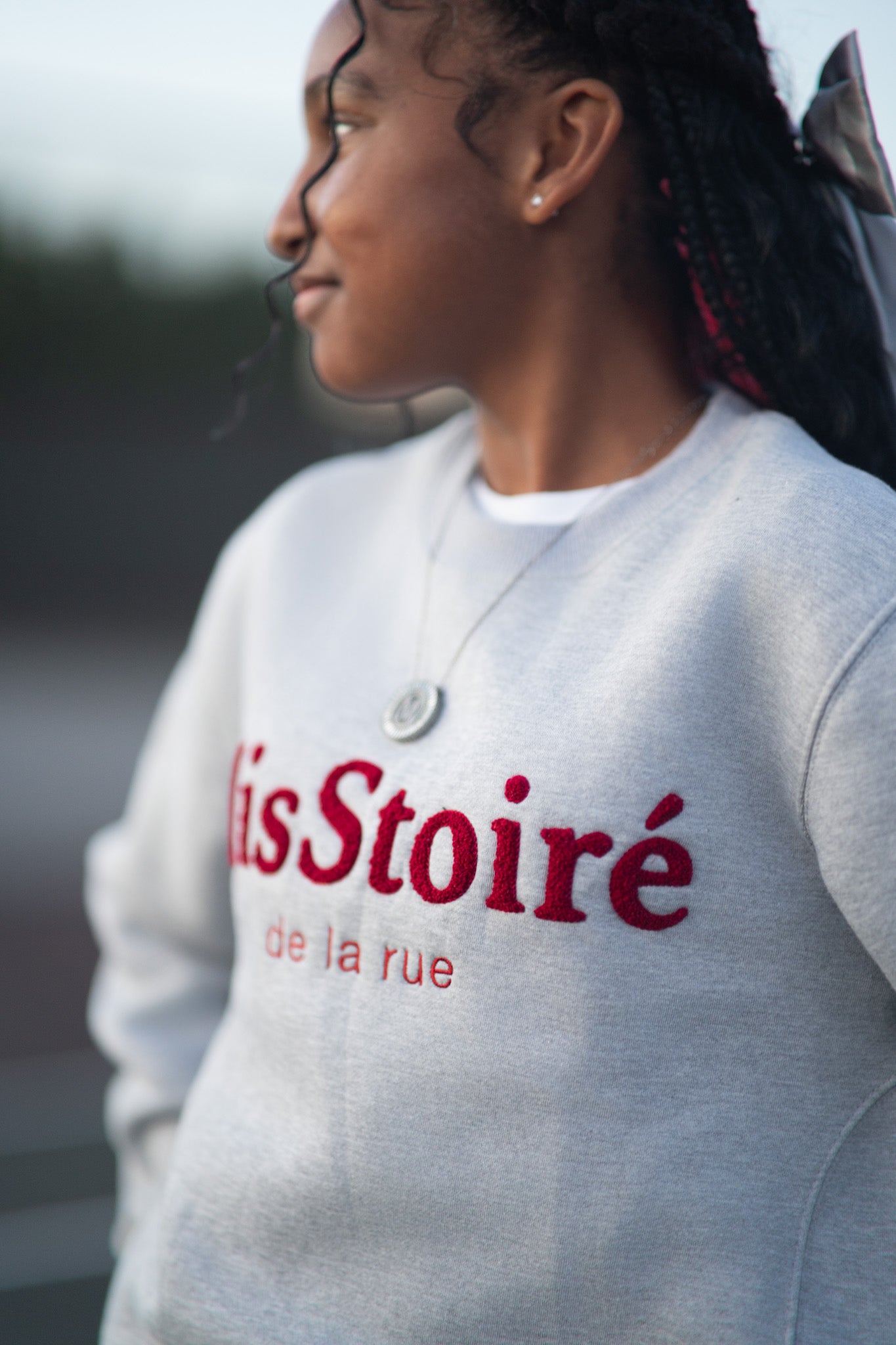 The grey/burgundy classic crewneck
